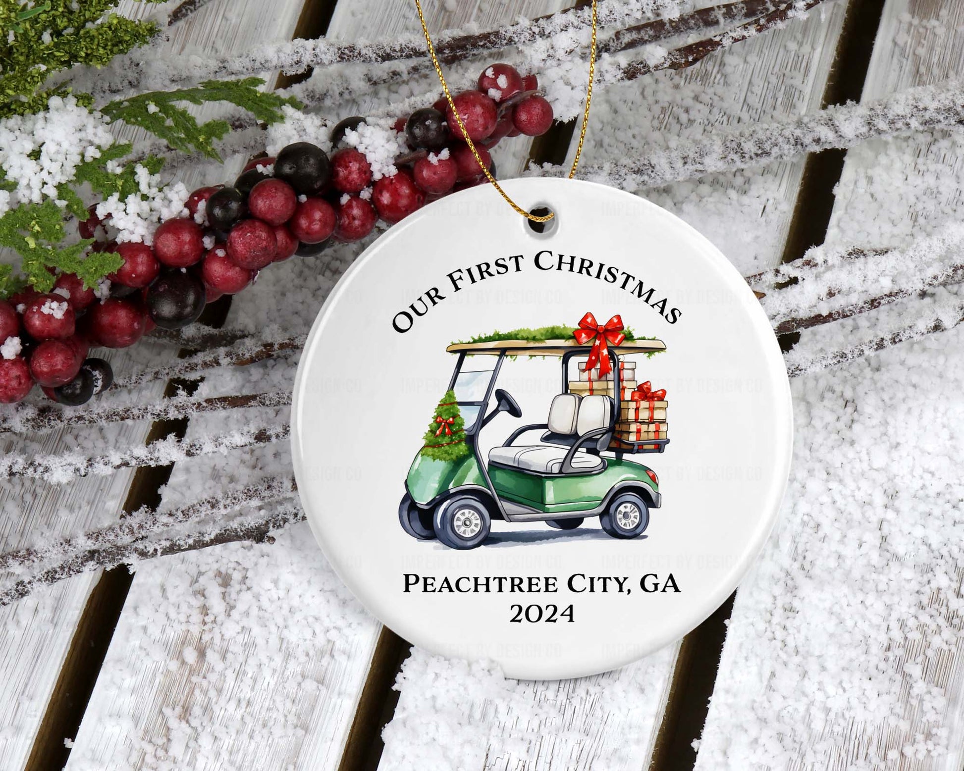 Customizable double-sided Christmas ornament with festive green golf cart carrying gifts, personalized with city, state, and year.