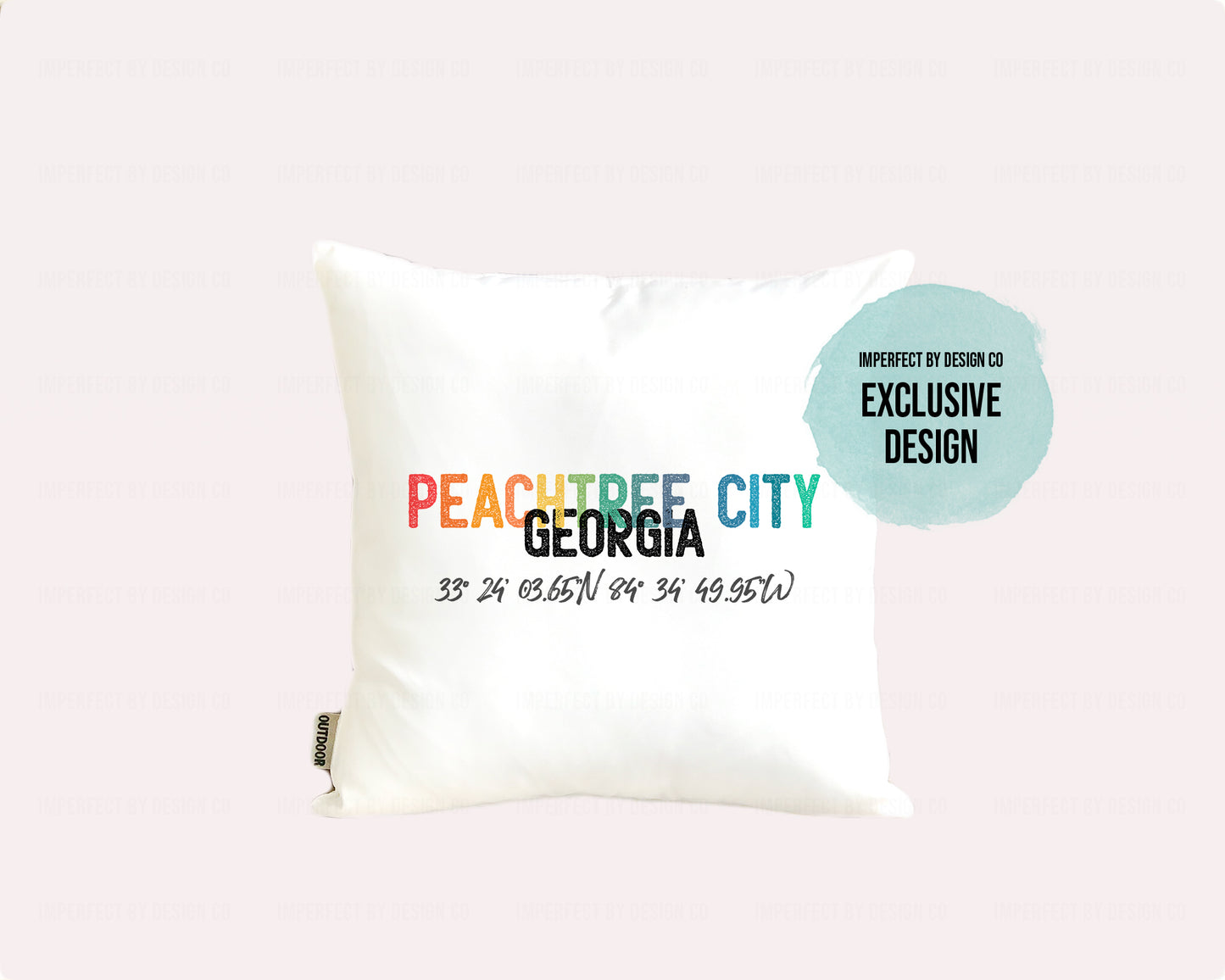 Indoor Outdoor Pillow with 'Peachtree City' and Latitude/Longitude Print Exclusive Design | imperfect by design co