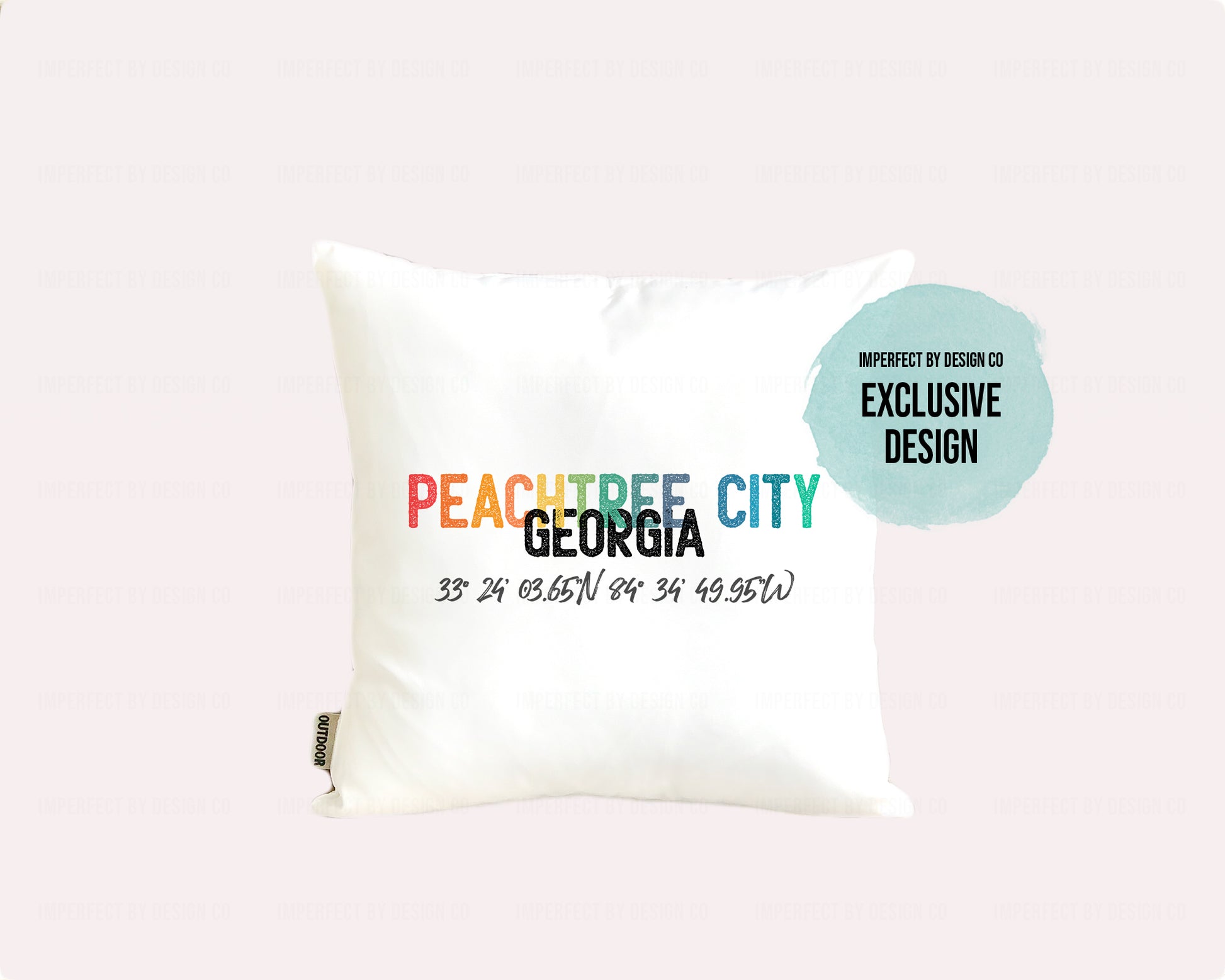 Indoor Outdoor Pillow with 'Peachtree City' and Latitude/Longitude Print Exclusive Design | imperfect by design co