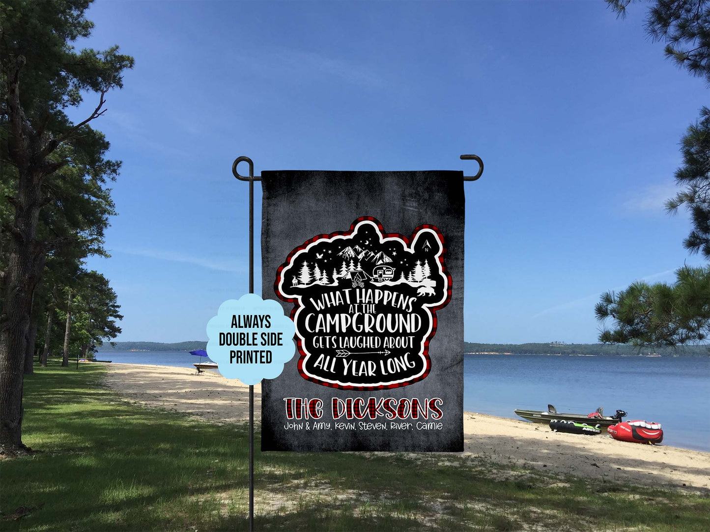 Personalized Garden Flag, What happens at the campground…