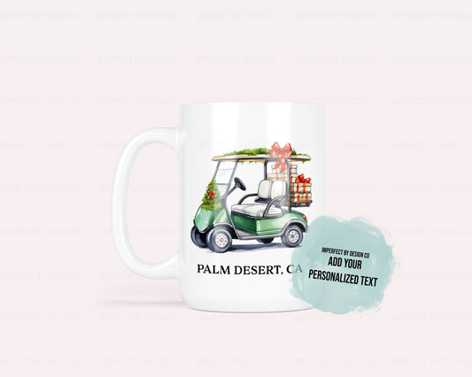 Personalized Green Christmas Golf Cart - 11oz or 15oz Ceramic Mug