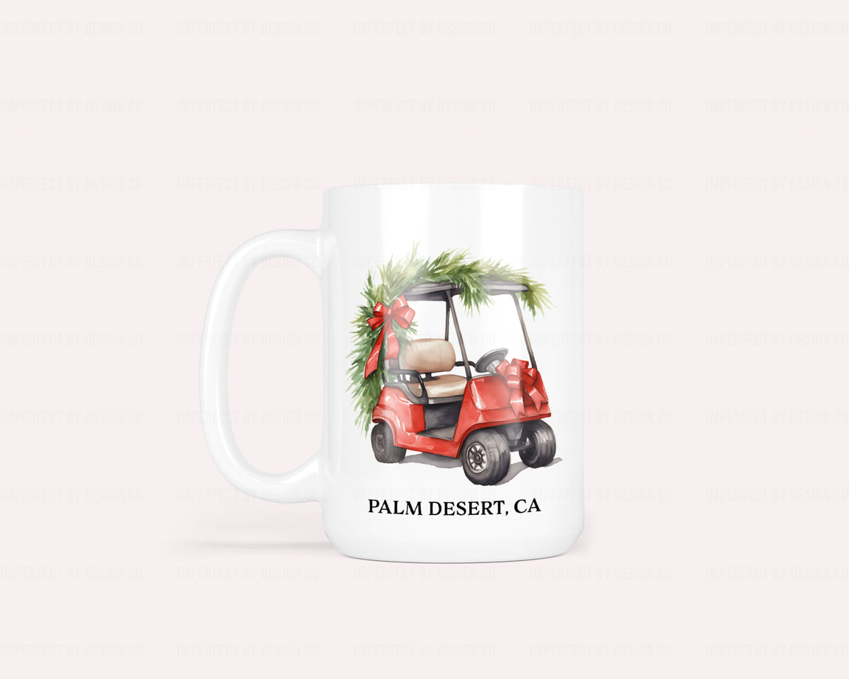 Personalized "Merry Christmas" Red Golf Cart - 11oz or 15oz Ceramic Mug