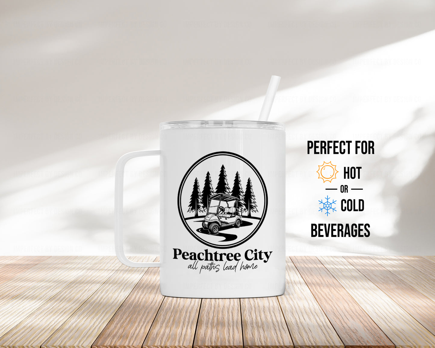 Peachtree City "All Paths Lead Home" Golf Cart in Forest Scene - Camper Mug