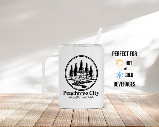 Peachtree City "All Paths Lead Home" Golf Cart in Forest Scene - Camper Mug
