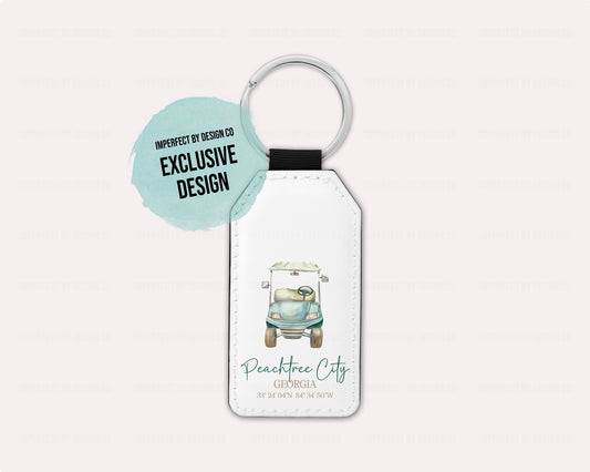 Peachtree City Keychain With Blue Golf Cart and Coordinates