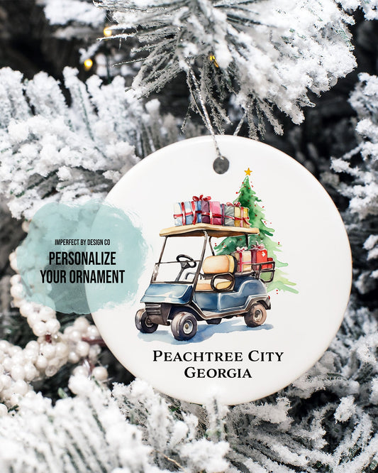 Personalized Ceramic, Blue Golf Cart Ornament | Double-Sided | Customizable City or Last Name