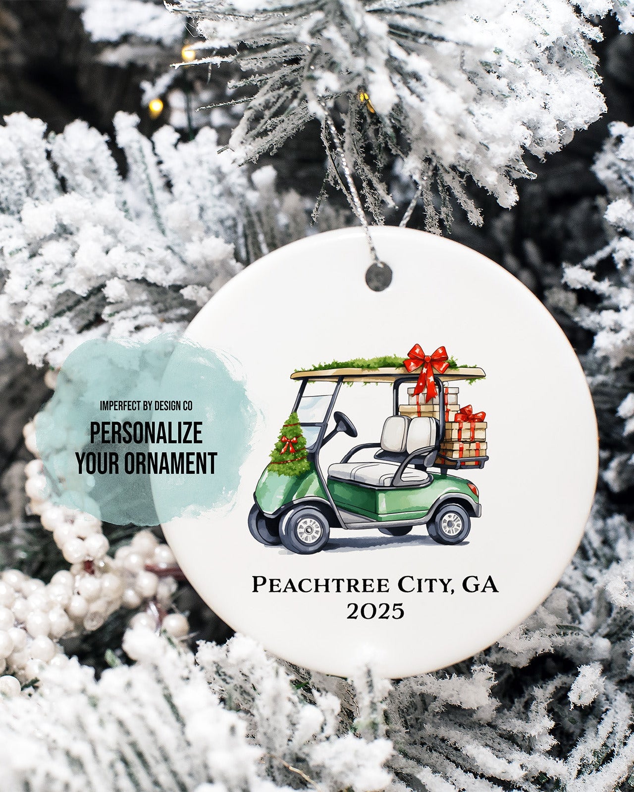 Personalized Green Golf Cart Ornament | Double-Sided | City, State, or Last Name Personalization