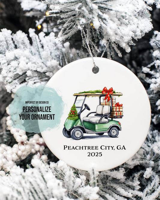 Personalized Green Golf Cart Ornament | Double-Sided | City, State, or Last Name Personalization