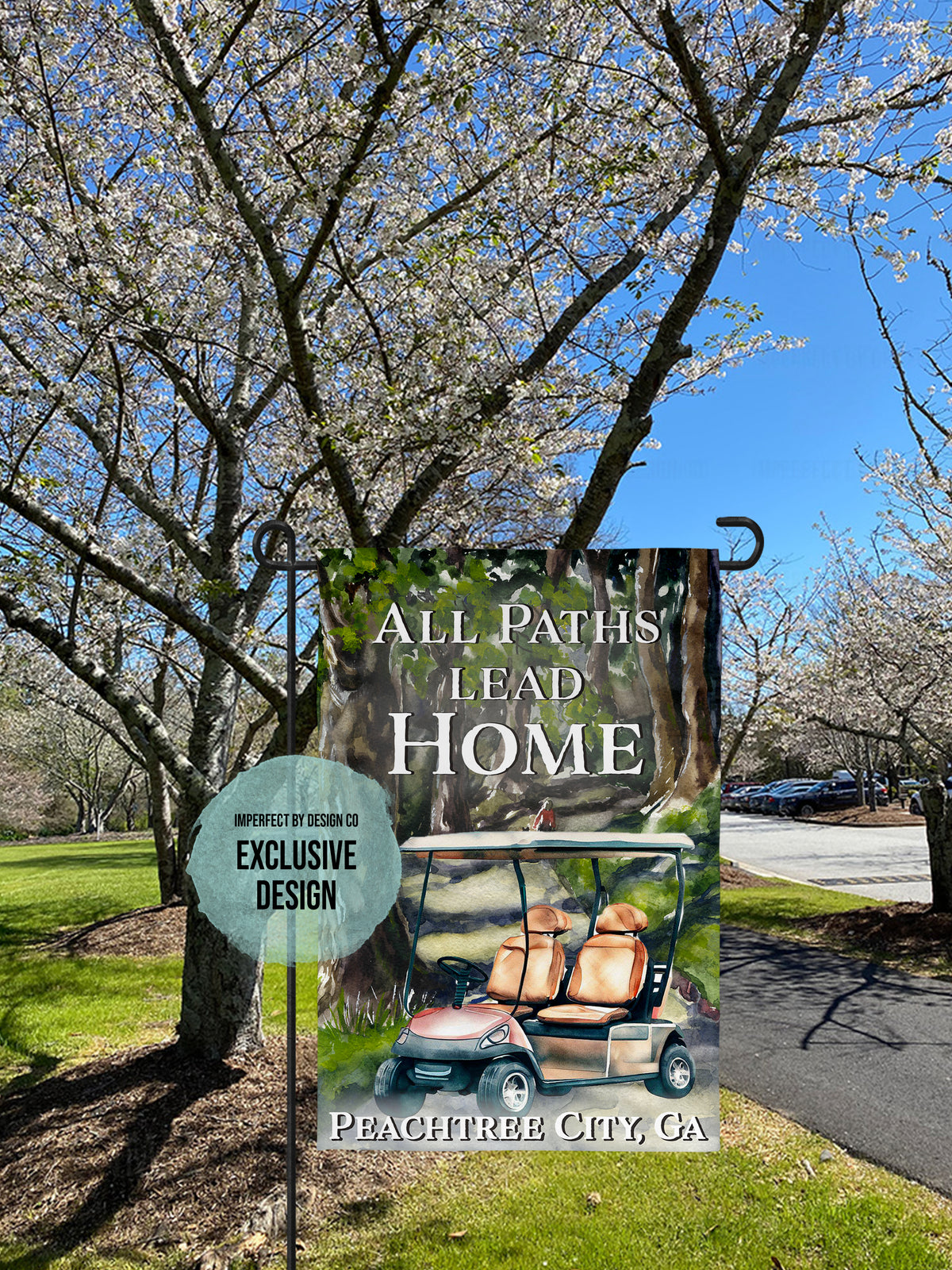 Peachtree City "All Paths Lead Home" with Golf Cart - Garden Flag