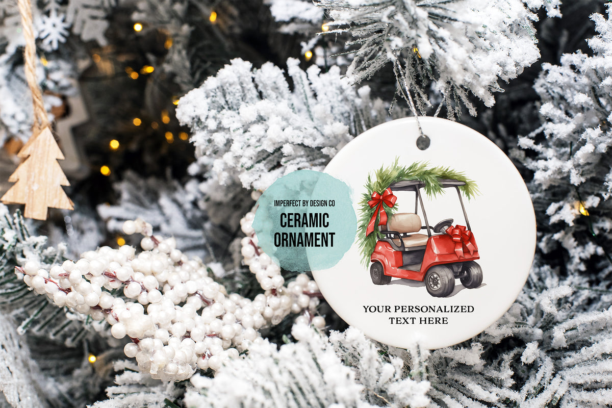 Personalized Ceramic, Red Golf Cart Ornament | Double-Sided | Customizable Text