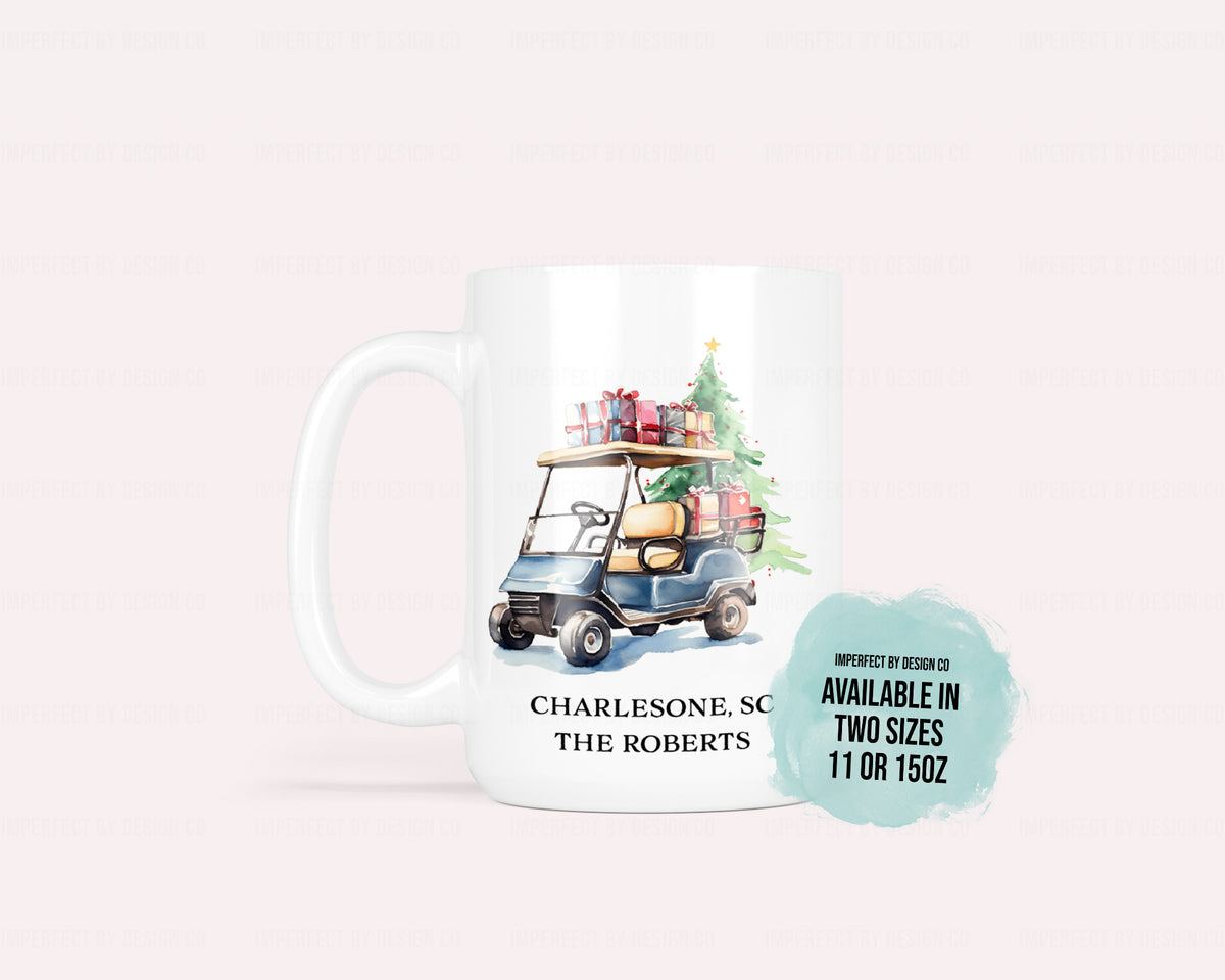 Personalized Green Christmas Tree, Golf Golf Cart - 11oz or 15oz Ceramic Mug