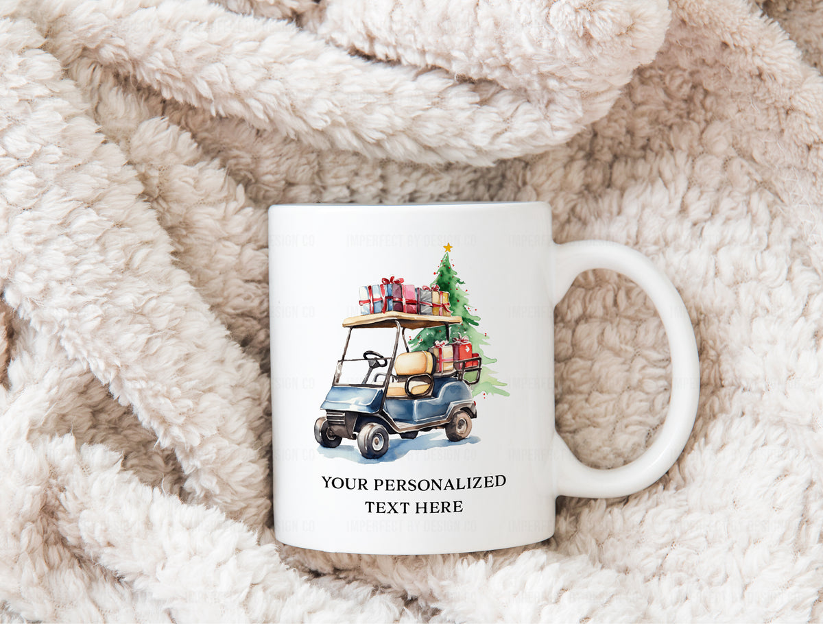 Personalized Green Christmas Tree, Golf Golf Cart - 11oz or 15oz Ceramic Mug