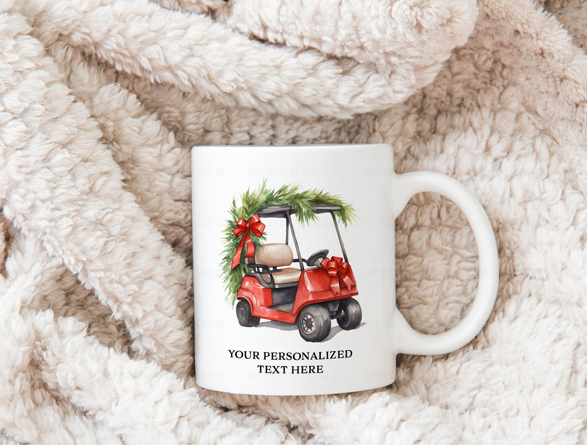 Personalized "Merry Christmas" Red Golf Cart - 11oz or 15oz Ceramic Mug