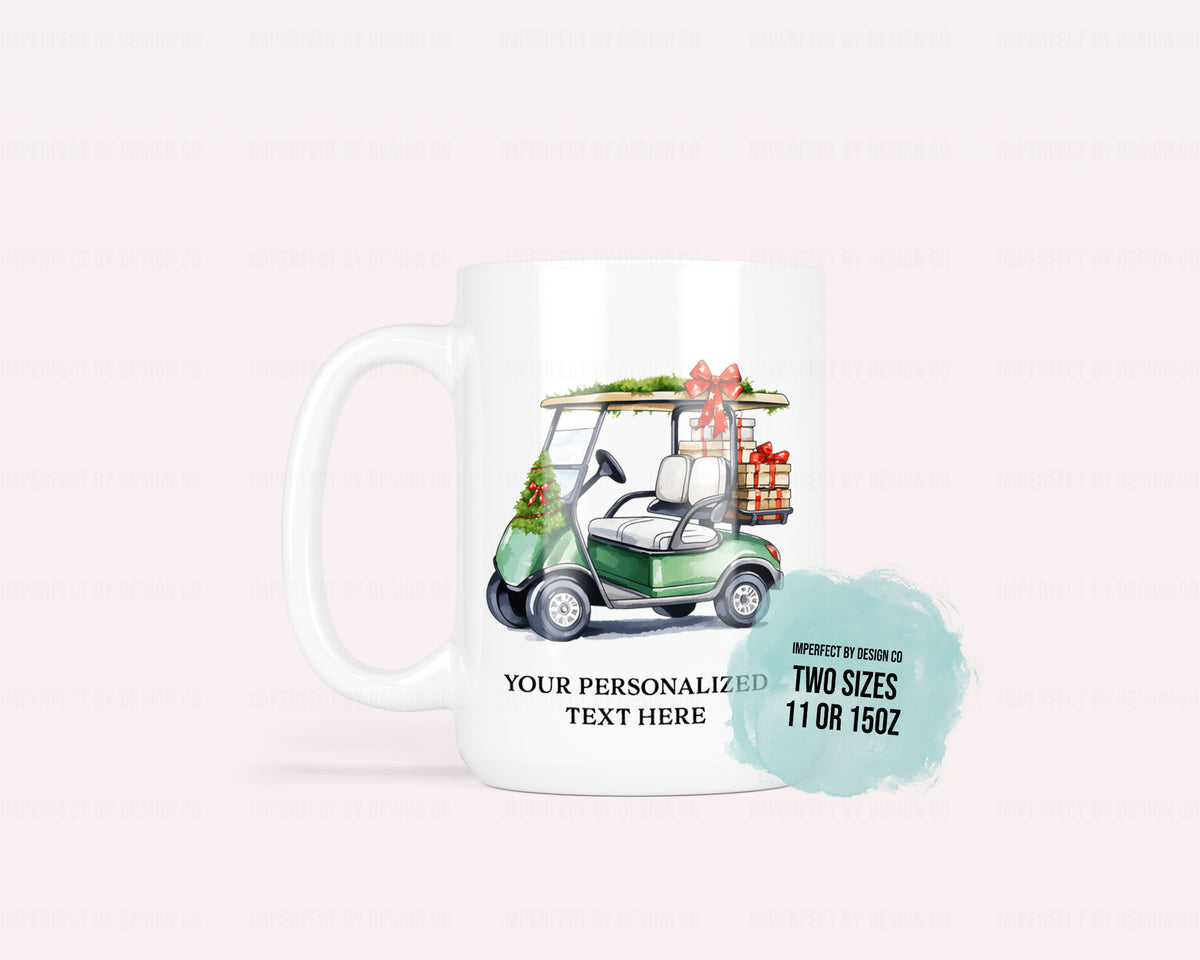 Personalized Green Christmas Golf Cart - 11oz or 15oz Ceramic Mug