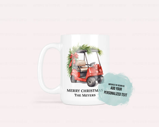 Personalized "Merry Christmas" Red Golf Cart - 11oz or 15oz Ceramic Mug