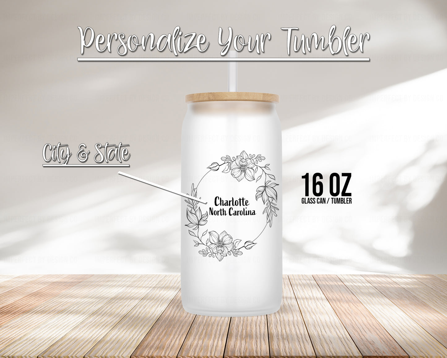 Personalized Elegant Floral Motif with Your Chosen City and State - Frosted Glass Tumbler