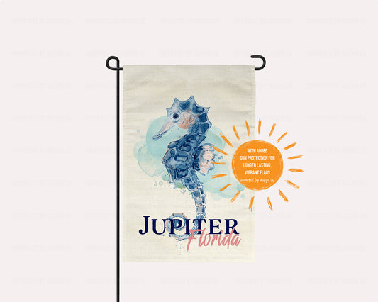 Personalized Coastal Garden Flag Featuring Watercolor Seahorse And Your City and State