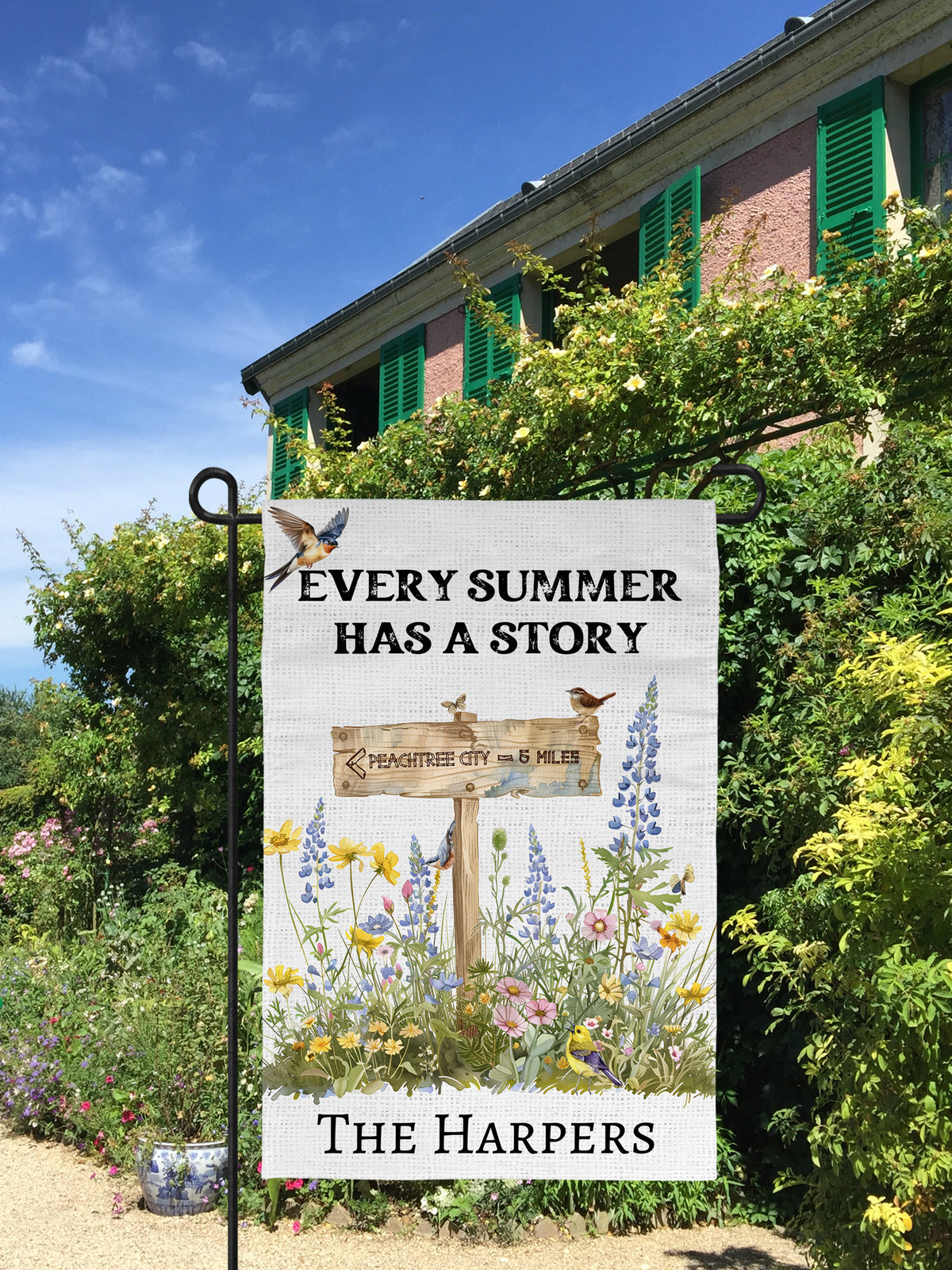 Personalized 'Every Summer has a Story' Featuring Garden Signpost - Garden Flag