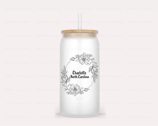 Personalized Elegant Floral Motif with Your Chosen City and State - Frosted Glass Tumbler