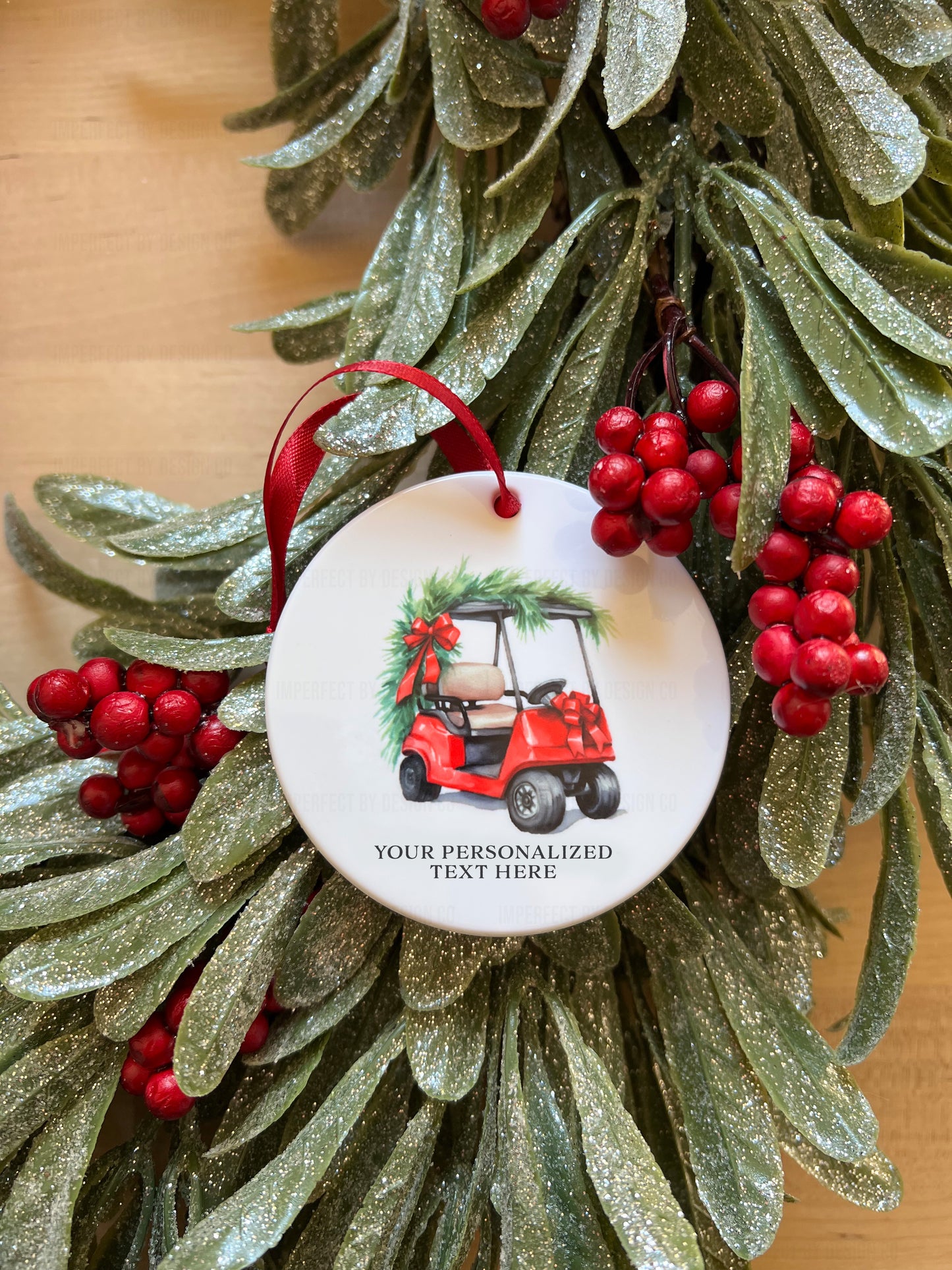 Personalized Red Golf Cart Ornament | Double-Sided | Customizable Text