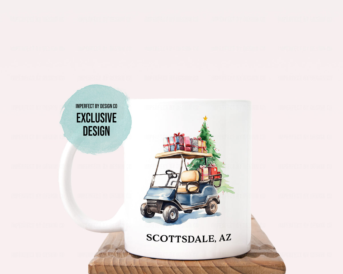 Personalized Green Christmas Tree, Golf Golf Cart - 11oz or 15oz Ceramic Mug