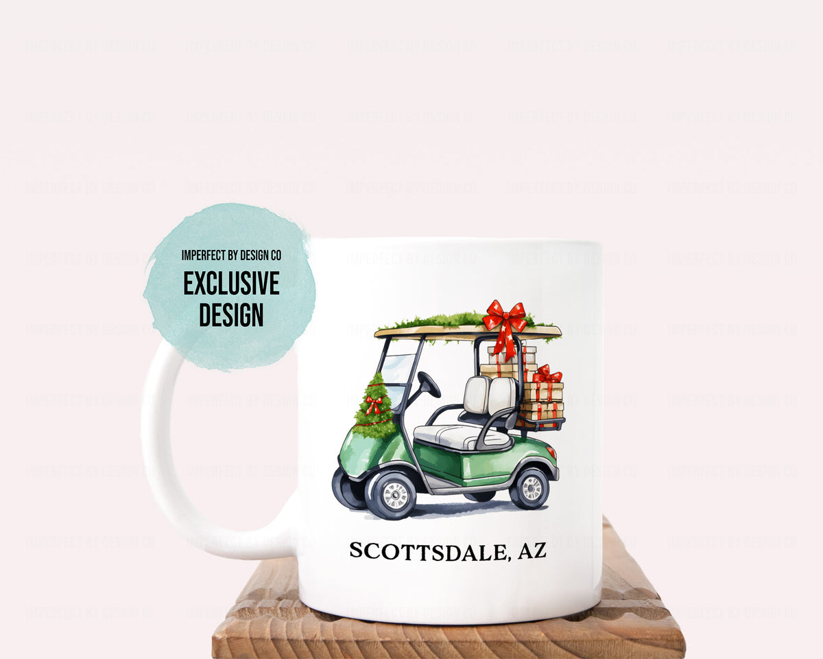 Personalized Green Christmas Golf Cart - 11oz or 15oz Ceramic Mug
