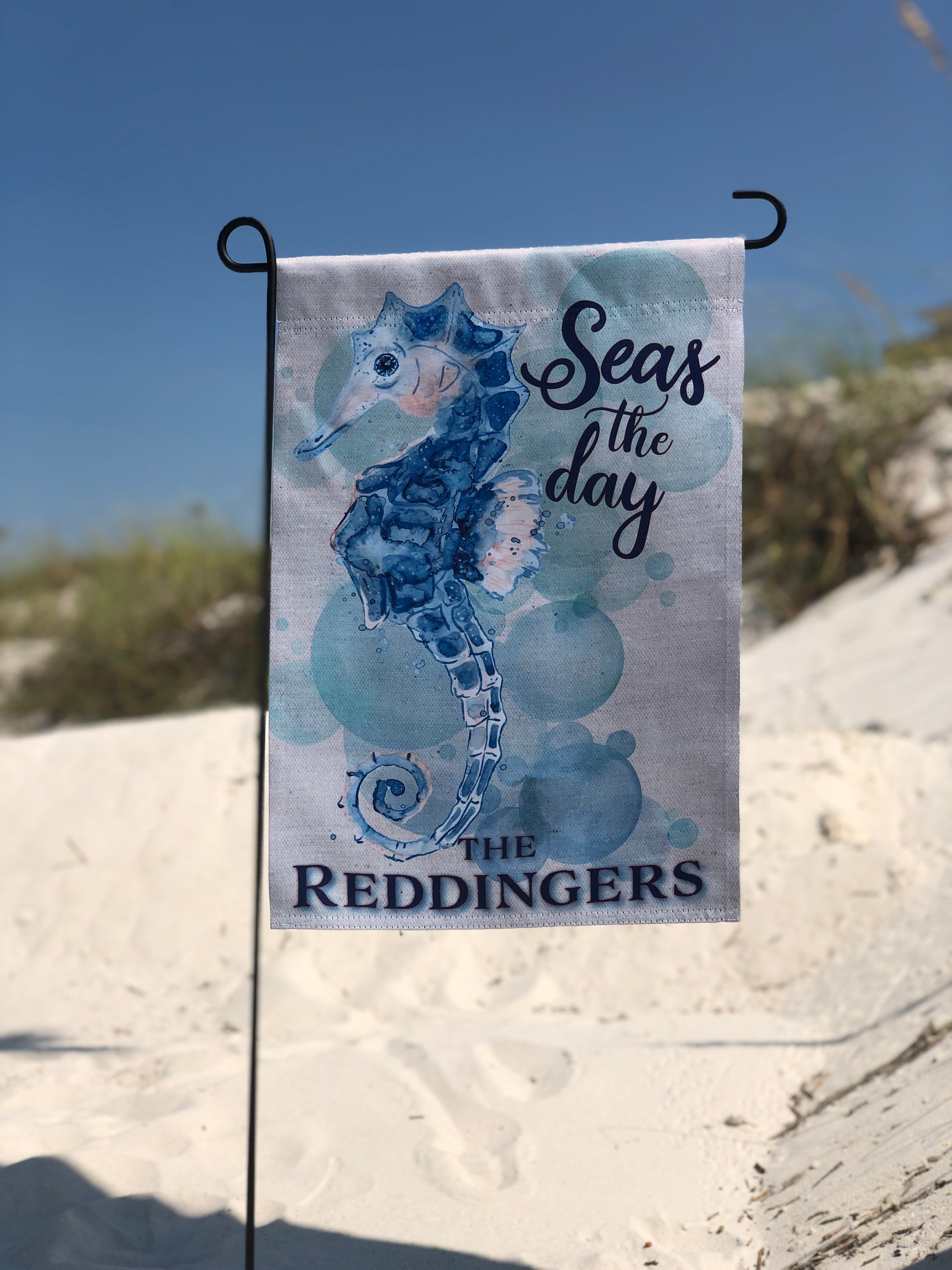Personalized Garden Flag 'Seas the Day' on Garden Flag stand in white sand dune  | imperfect by design co