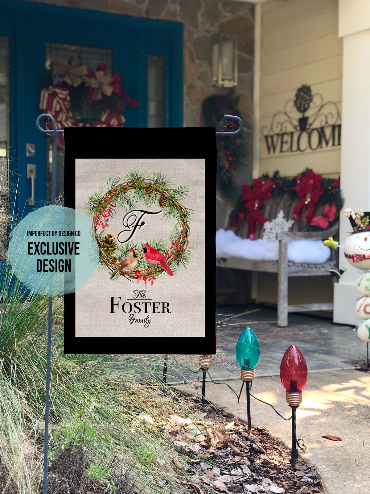 Personalized Cardinals on Wreath with Intial - Garden Flag