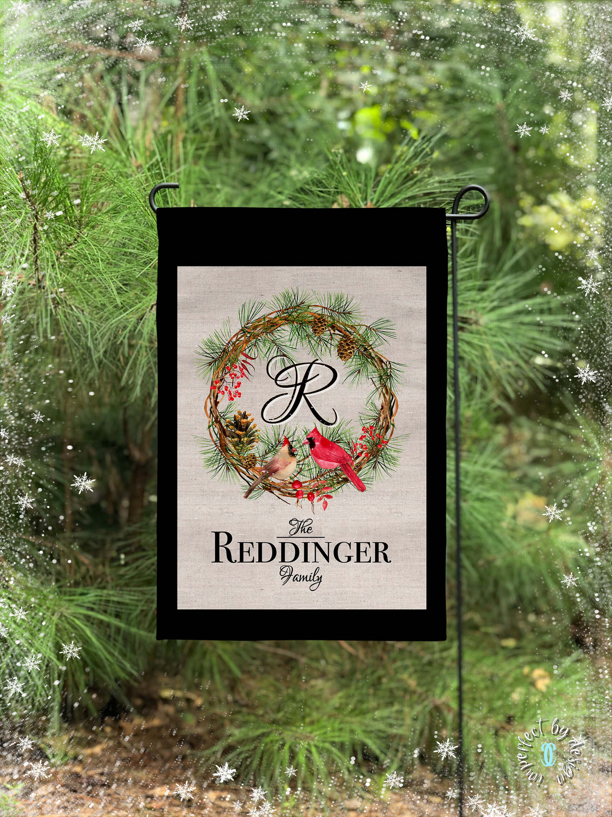 Personalized Cardinals on Wreath with Intial - Garden Flag
