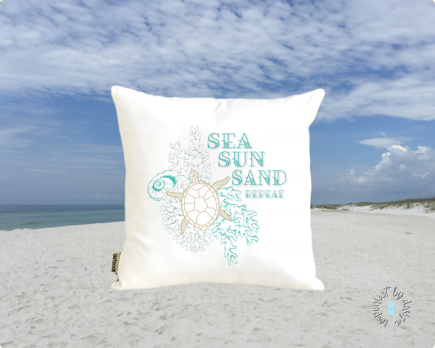 Indoor Outdoor Pillow Cover 'Sea Sun Sand' display in beach setting