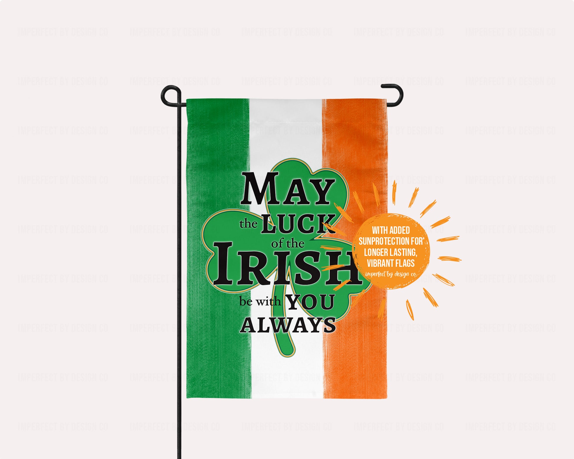 Outdoor decor garden flag with Irish colors, "Luck of the Irish" text, and premium quality.