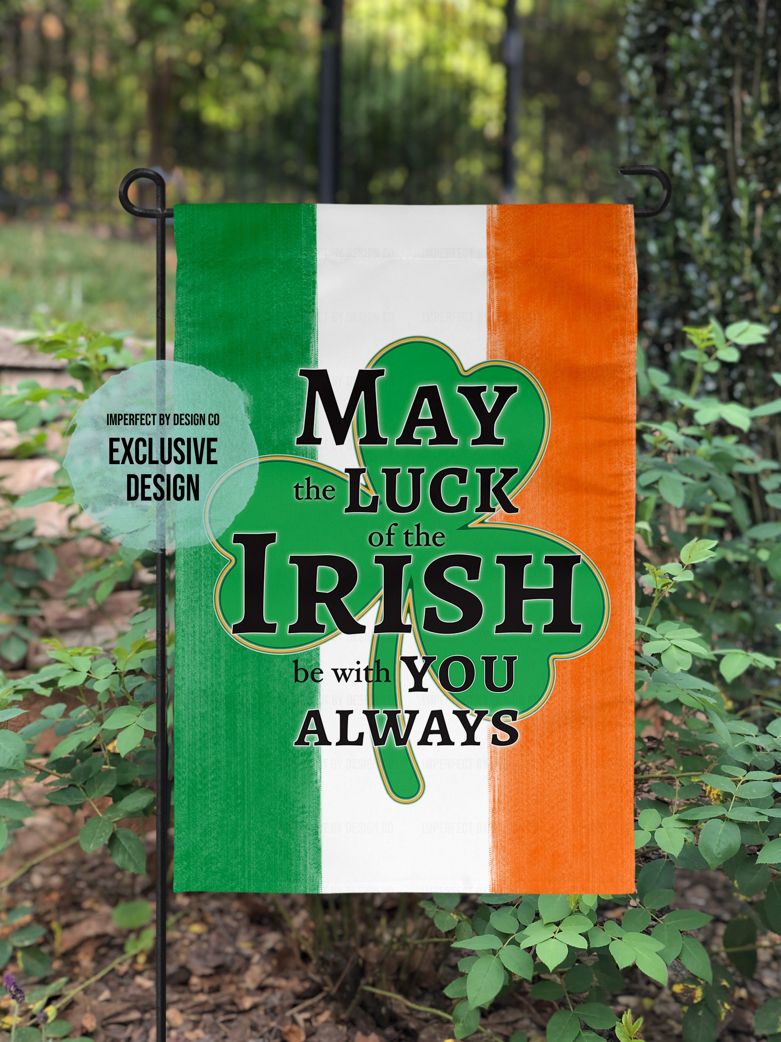 Full view of the double-sided St. Patrick’s Day flag featuring the Irish tricolor.