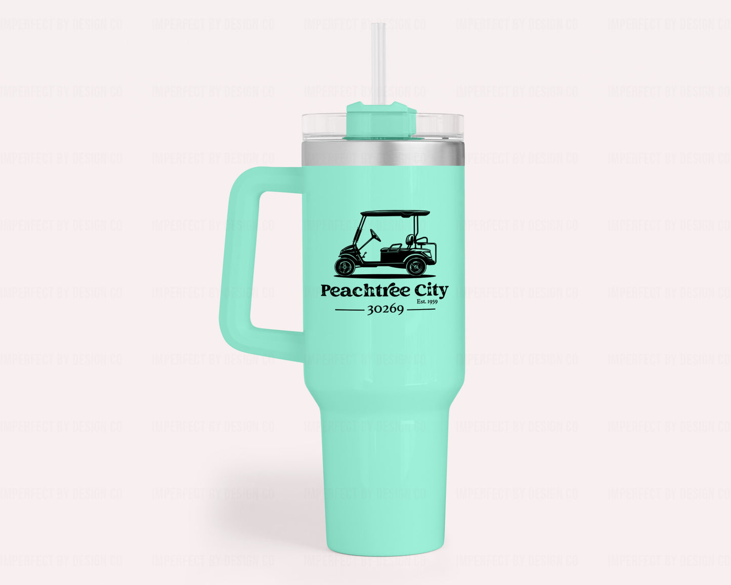 Shop exclusive Turquoise / Mint Green stainless steel 40oz tumbler with a handle and white lid with turquoise/grey swivel closure allows drinking out of lid or using included clear straw lid  | imperfect by design co 