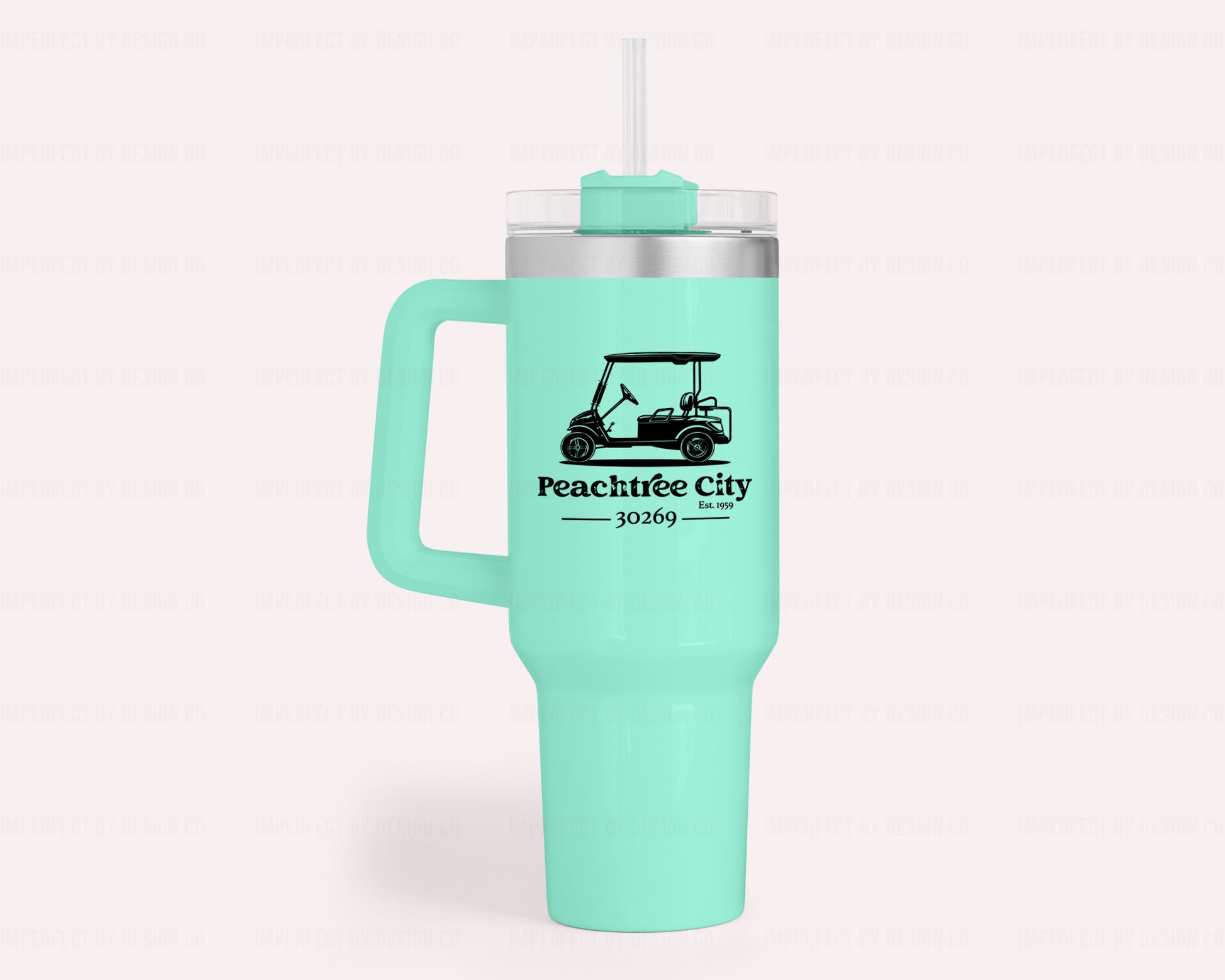Shop exclusive Turquoise / Mint Green stainless steel 40oz tumbler with a handle and white lid with turquoise/grey swivel closure allows drinking out of lid or using included clear straw lid  | imperfect by design co 