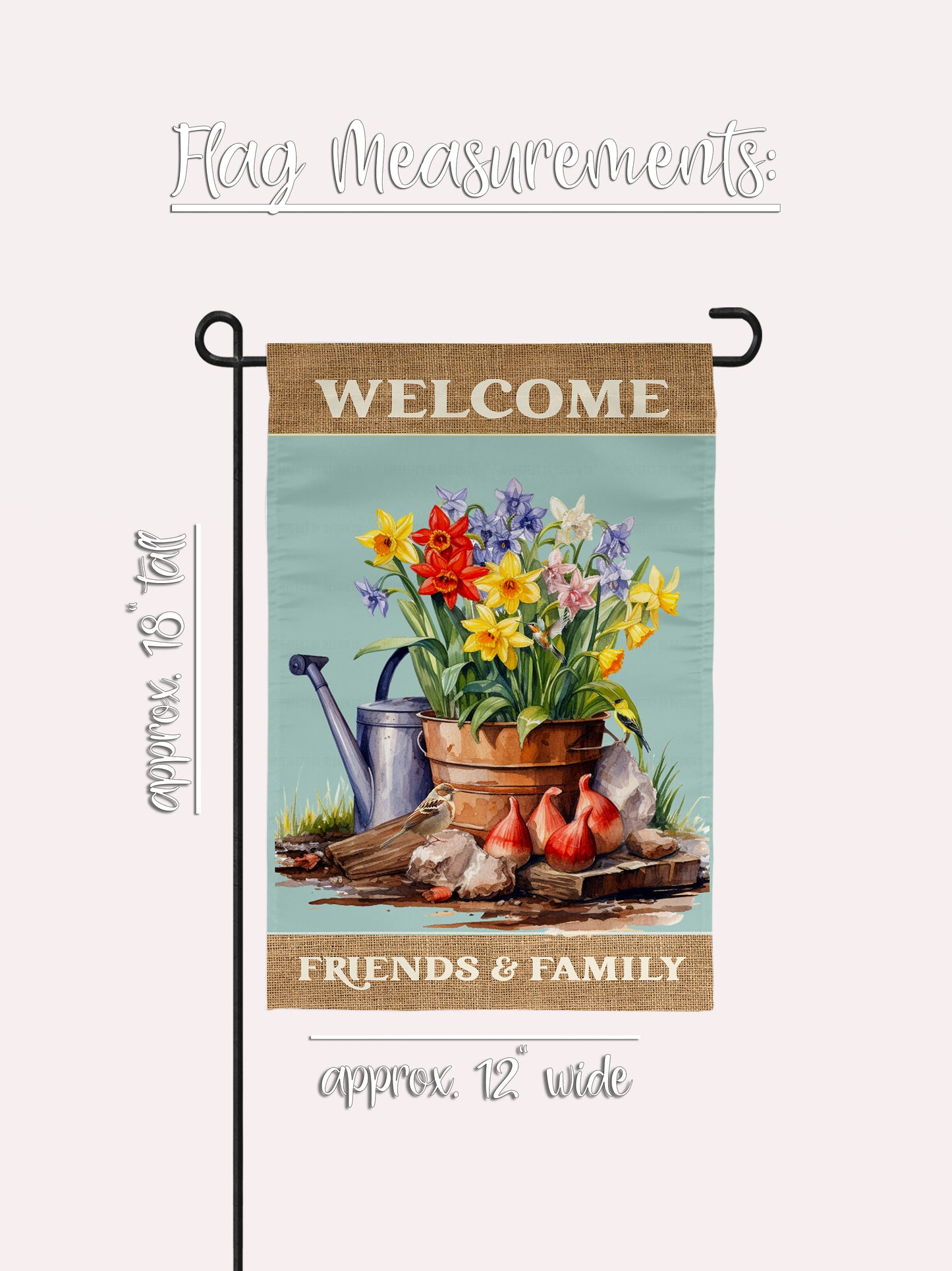 "Welcome Friends and Family" With Flowers And Birds, Still Life - Garden Flag