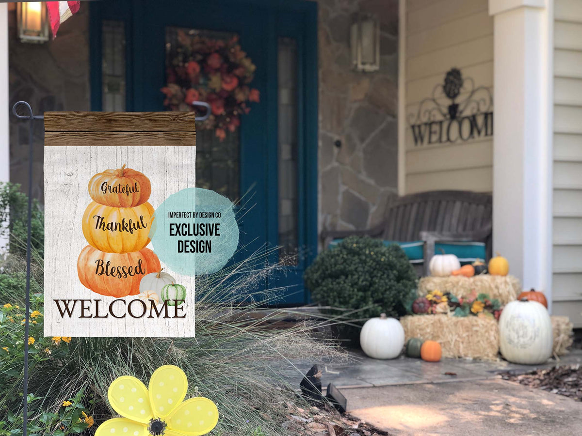 "Welcome Pumpkin Stack - Grateful, Thankful, Blessed" - Garden Flag