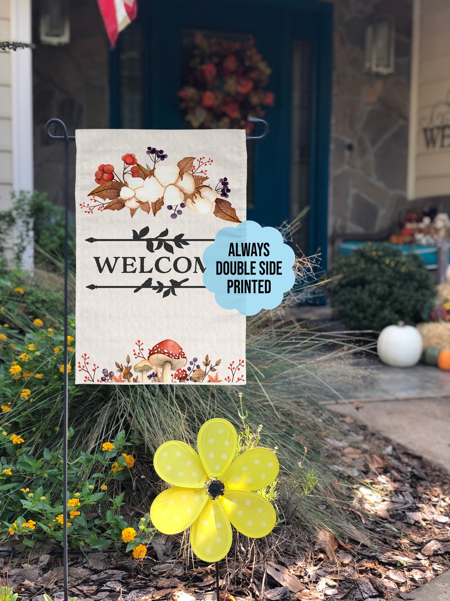 "Welcome" Autumn Mushrooms & Foliage - Garden Flag