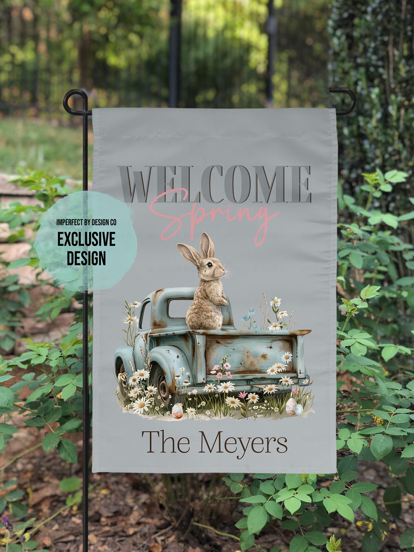 Personalized Welcome Spring - Garden Flag Featuring Spring Flowers, Rabbit and Truck