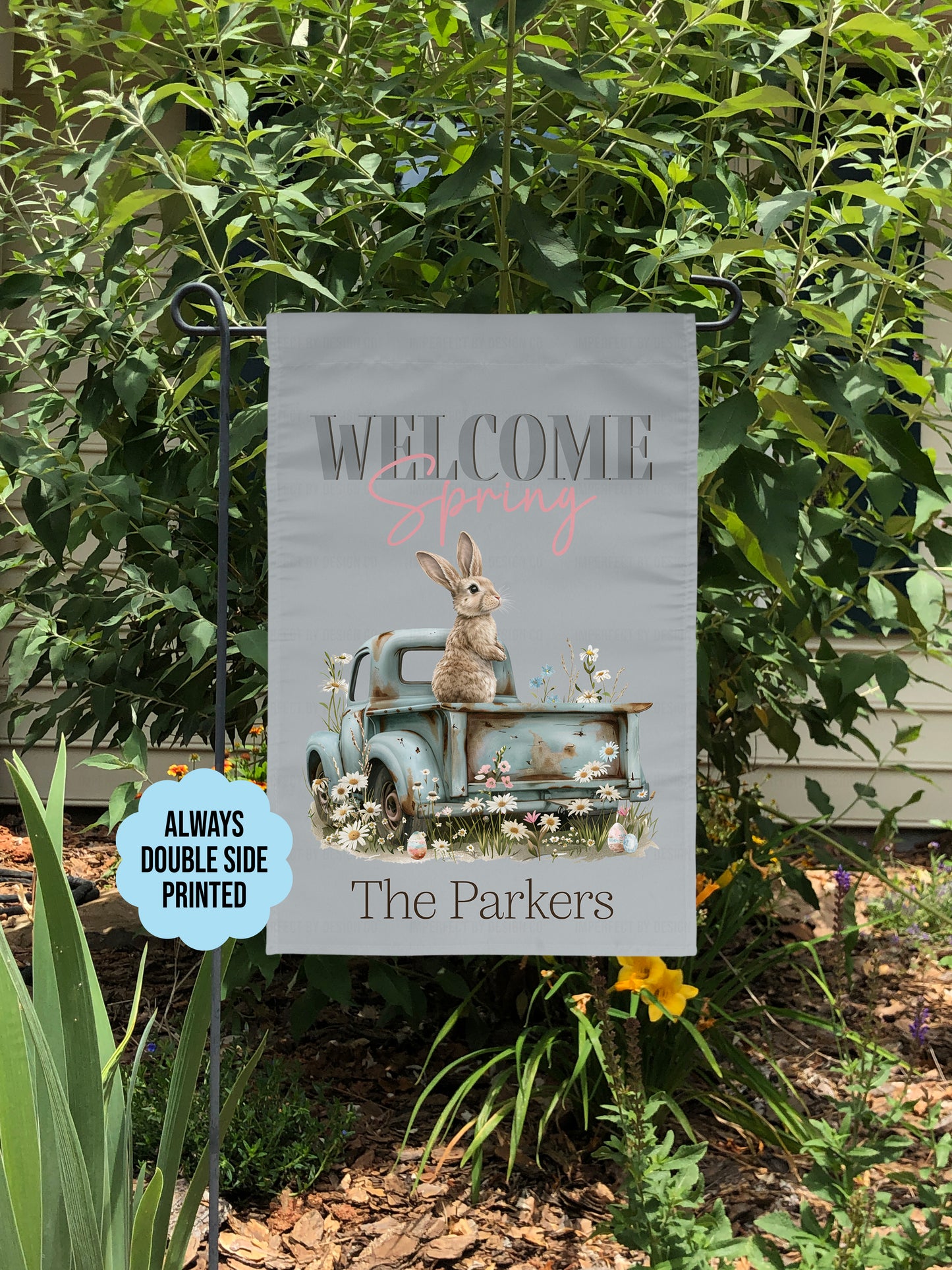 Personalized Welcome Spring - Garden Flag Featuring Spring Flowers, Rabbit and Truck