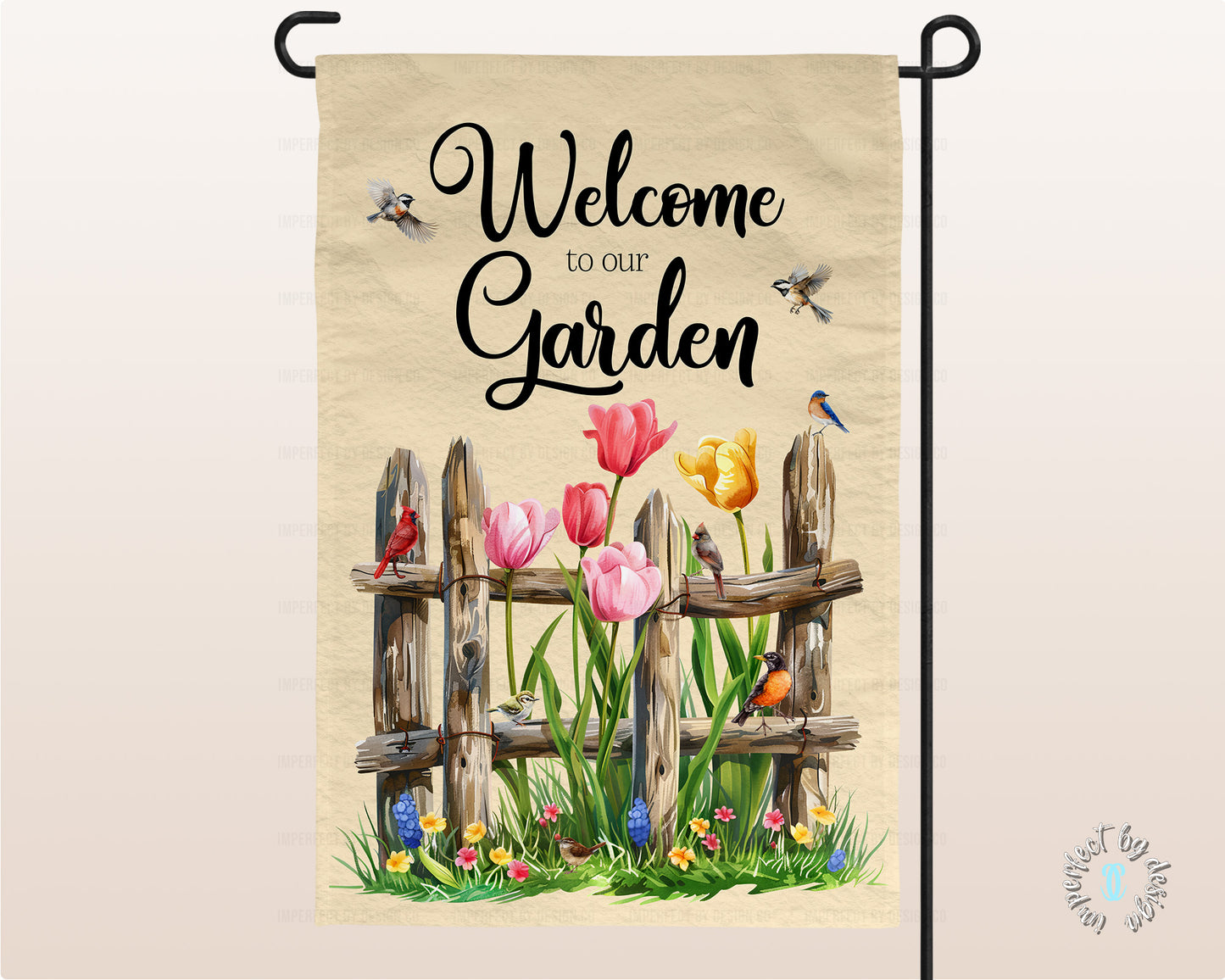 Garden Flag Featuring A Rustic Fence Surrounded By Flowers And Birds, Welcome To Our Garden