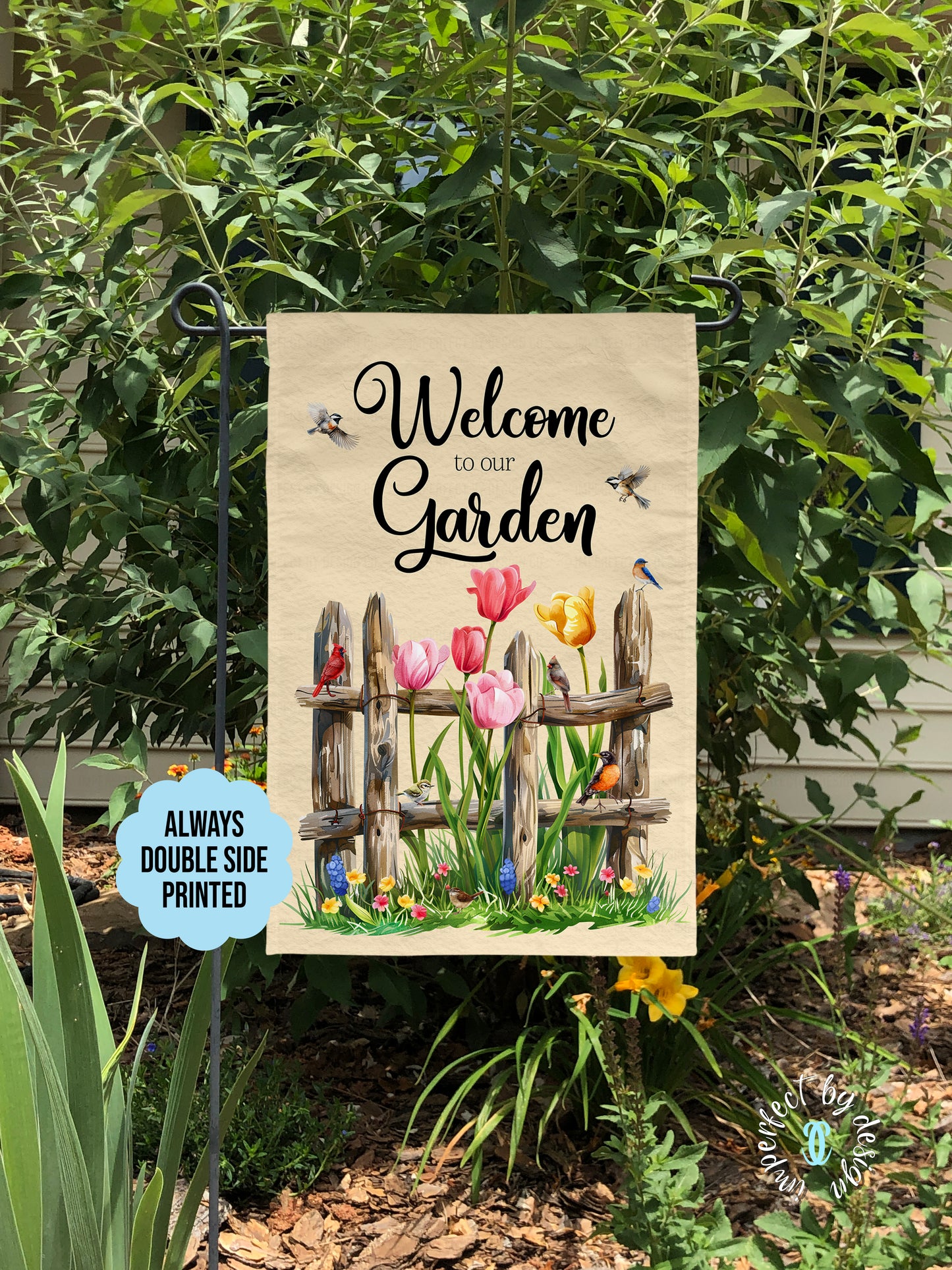 Garden Flag Featuring A Rustic Fence Surrounded By Flowers And Birds, Welcome To Our Garden