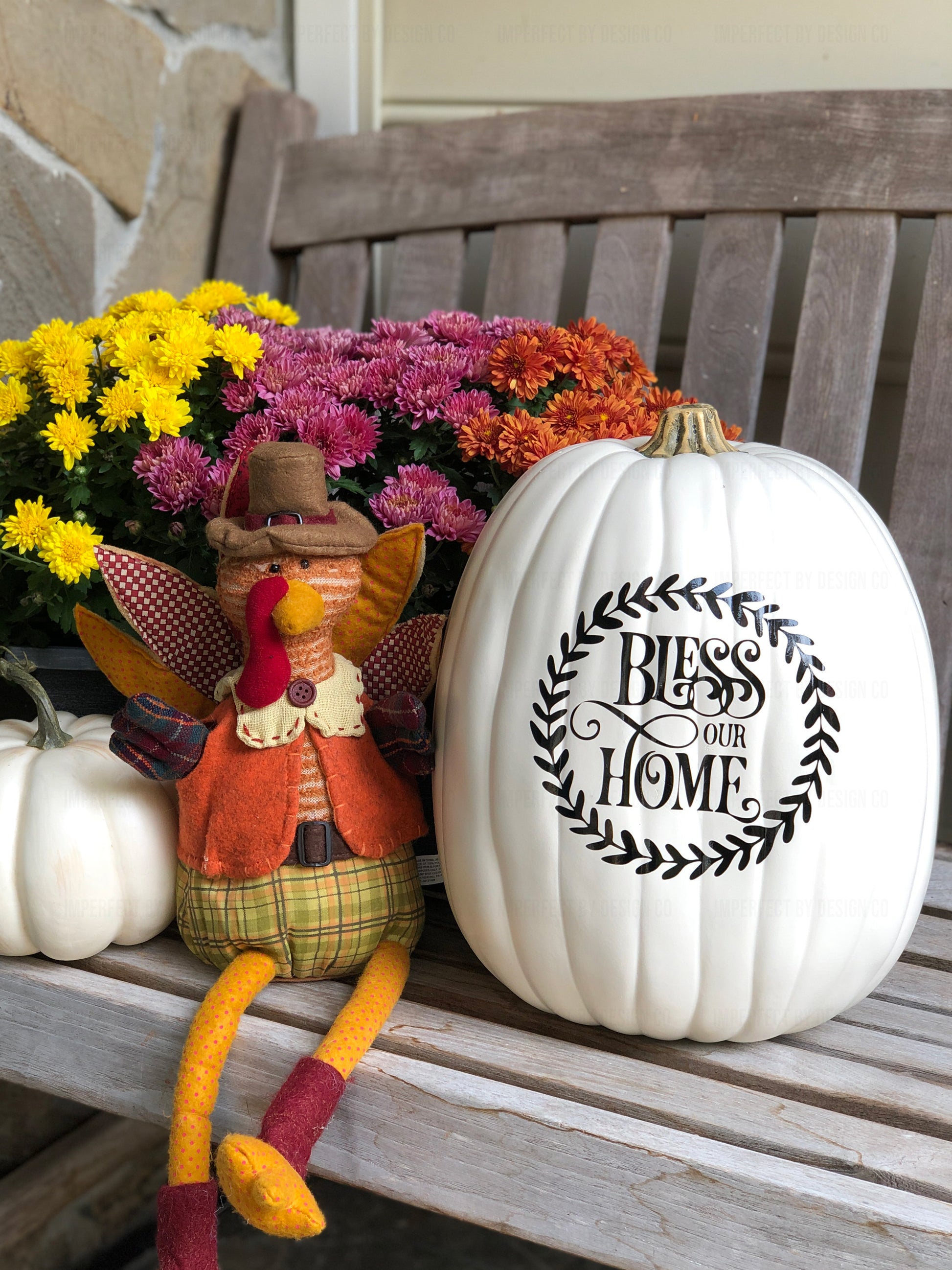 Large size creme faux pumpkin featuring Bless Our Home with Wreath design in black