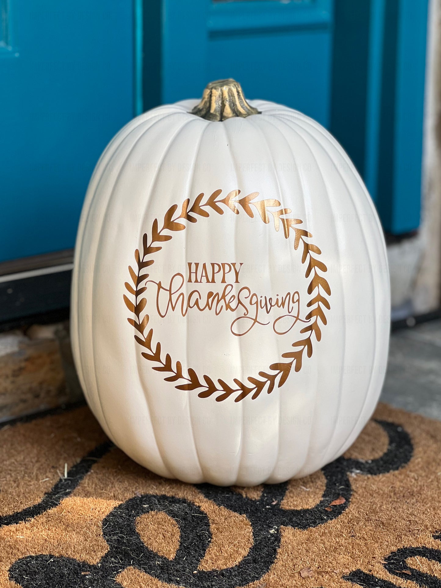 Antique white faux pumpkin with Happy Thanksgiving with Wreath design in bronze