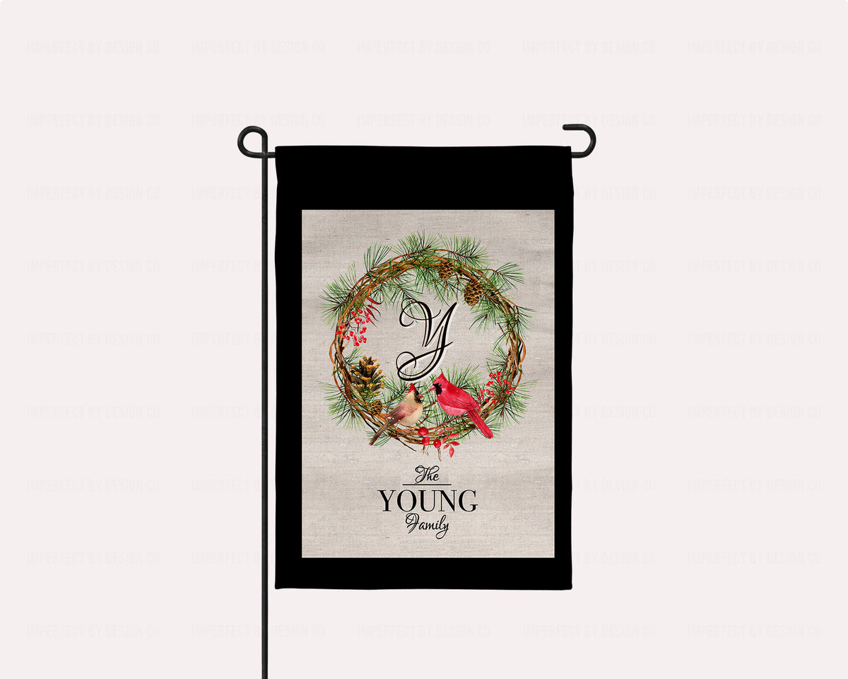 Personalized Cardinals on Wreath with Intial - Garden Flag
