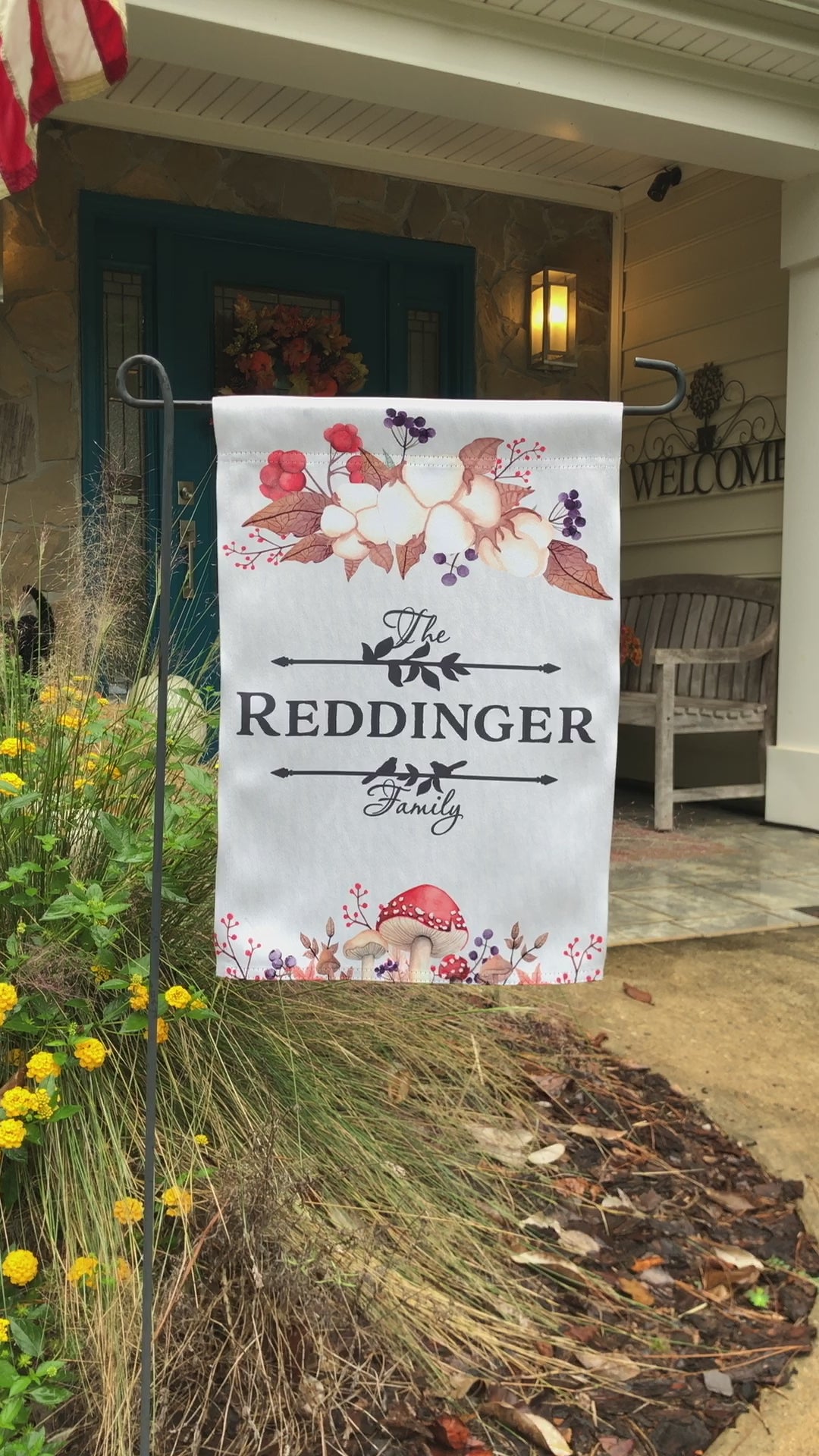 Personalized family name garden flag with autumn mushrooms, berries, and foliage design.