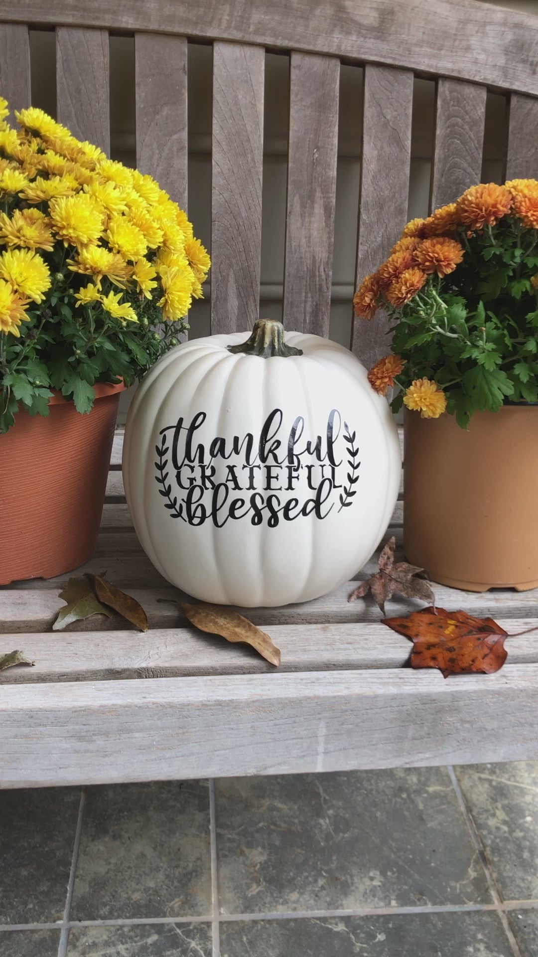 video still of medium white decorative pumpkin text reads thankful, grateful, blessed in black surrounded by mum blossoms