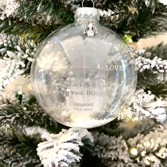 Video of Angel Charm with Faux Pearls on Memorial Ornament – A detailed view of the small stylized angel charm with faux pearls hanging from the ornament, symbolizing remembrance and love for those who have passed.