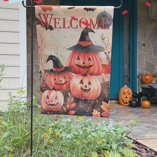  "Welcome" Halloween /  Fall Garden Flag featuring Jack-O'-Lantern Family with witches hats on fall background in front porch setting