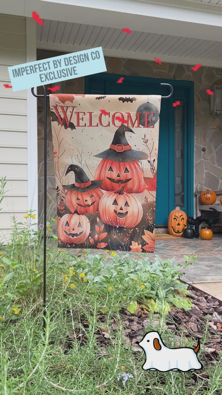  "Welcome" Halloween /  Fall Garden Flag featuring Jack-O'-Lantern Family with witches hats on fall background in front porch setting