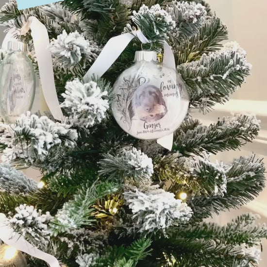 Video still of Pet memorial ornament with customizable photo, name, and ribbon in white, silver, gold, or pink.
